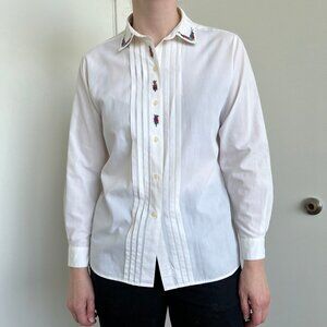 Vintage White Collared Button Down Long Sleeve with Embroidery Details Size 8